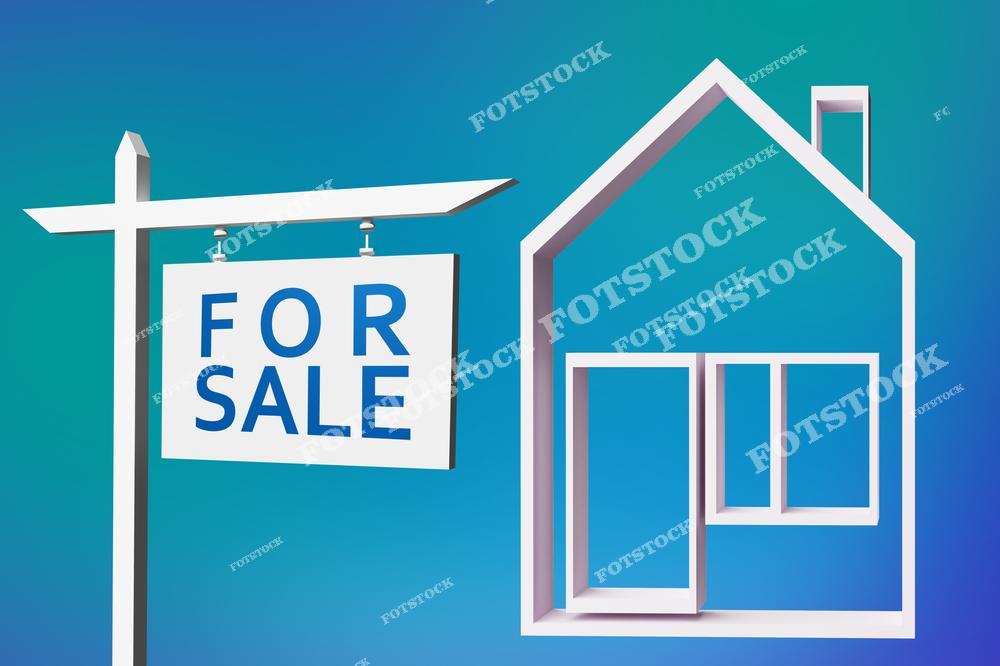 На изображении схематично изображен дом с вывеской "Для продажи", что символизирует выставление недвижимости на рынок. Объемный силуэт коттеджа выделяется на бирюзовом фоне, подчеркивая концепцию риэлторских услуг, таких как продажа жилой недвижимости. Этот образ олицетворяет процесс размещения дома на продажу и услуги, предоставляемые агентами по недвижимости.